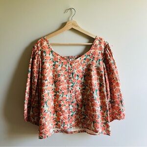 Anthropologie L Salt Cotton Peach Floral Smocked 3/4 Puff Sleeves Cottagecore